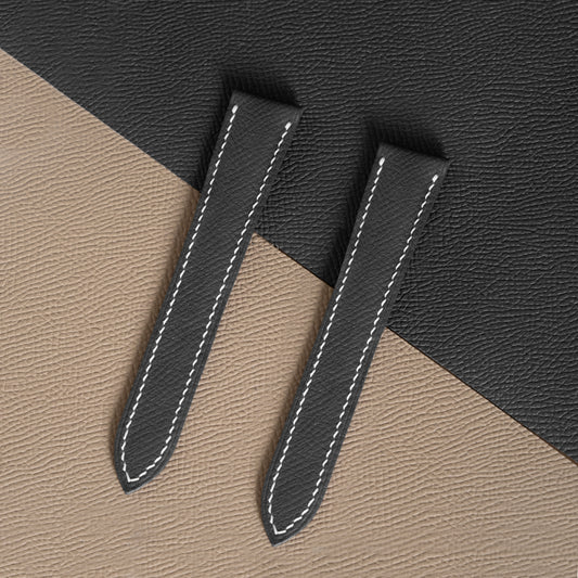 Black Epsom Double Fold Watch Strap for Cartier Deployant Clasps - White Stitch