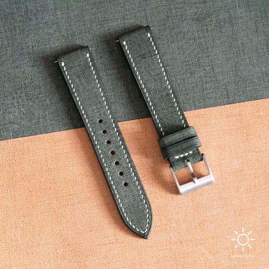 Green Babele Leather Watch Strap - White Stitch