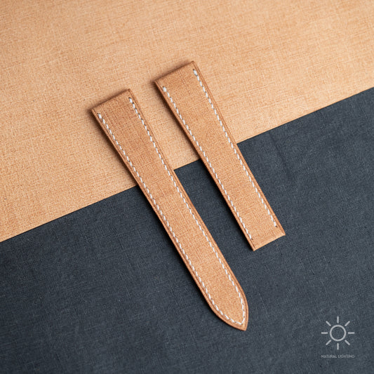 Tan Babele Single Fold Watch Strap for Cartier Deployant Clasps - White Stitch