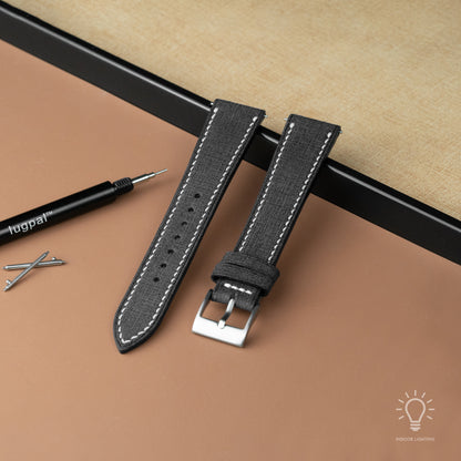 Black Babele Leather Watch Strap - White Stitch