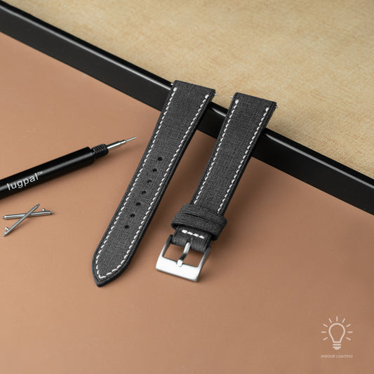 Black Babele Leather Watch Strap - White Stitch