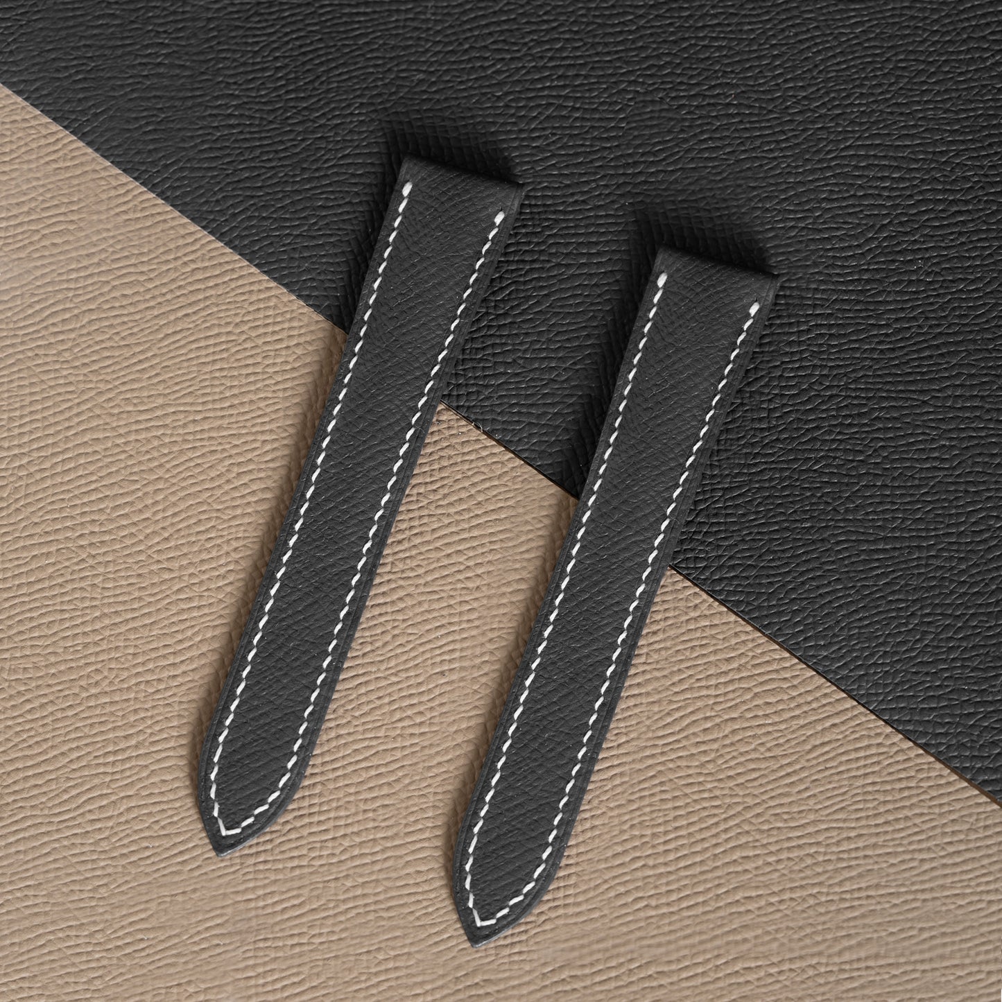 Black Epsom Double Fold Watch Strap for Cartier Deployant Clasps - White Stitch