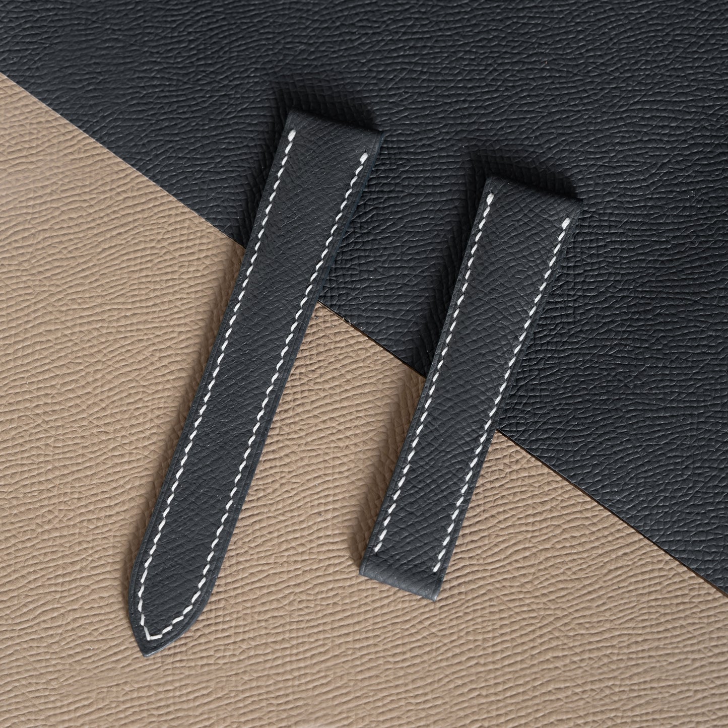 Black Epsom Single Fold Watch Strap for Cartier Deployant Clasps - White Stitch