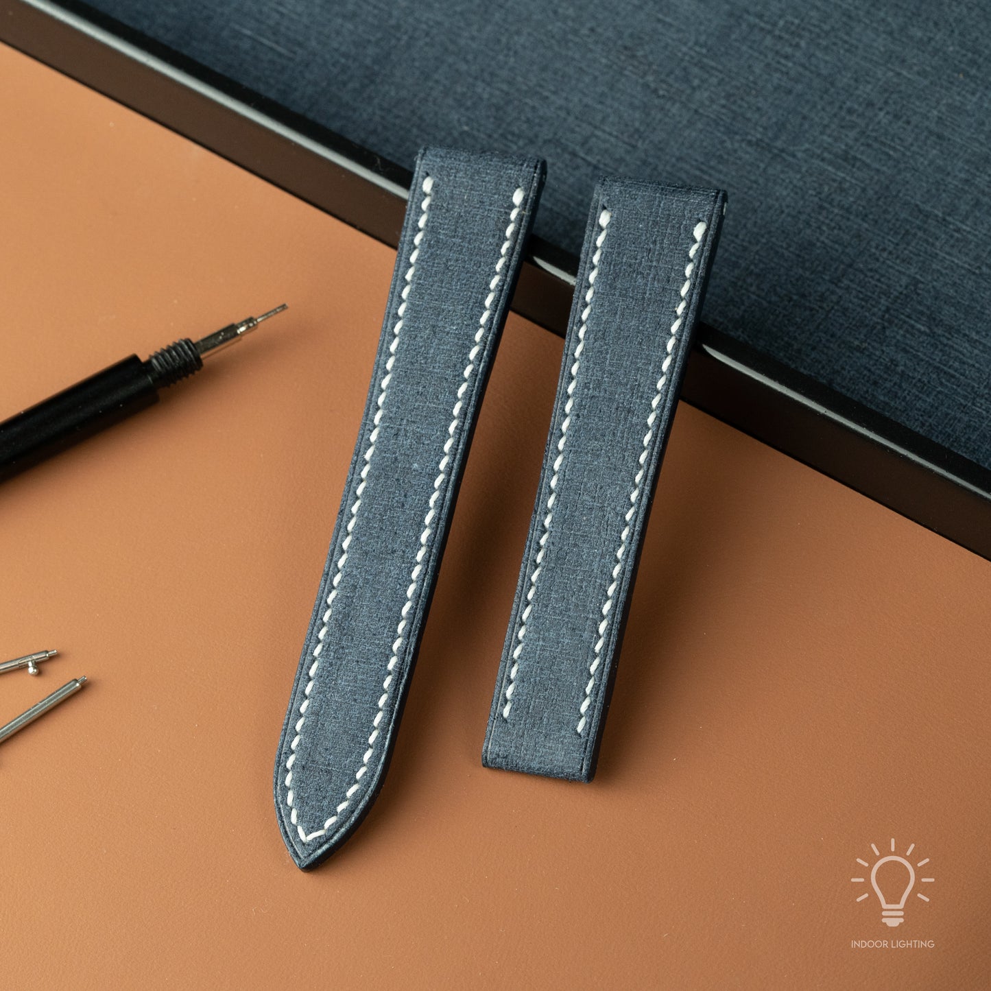 Blue Babele Single Fold Watch Strap for Cartier Deployant Clasps - White Stitch