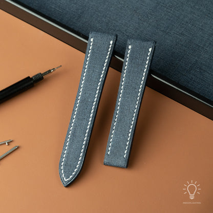 Blue Babele Single Fold Watch Strap for Cartier Deployant Clasps - White Stitch