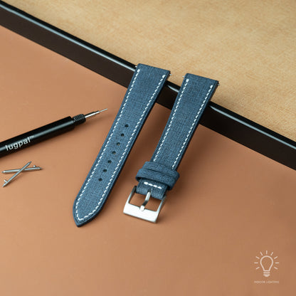 Blue Babele Leather Watch Strap - White Stitch