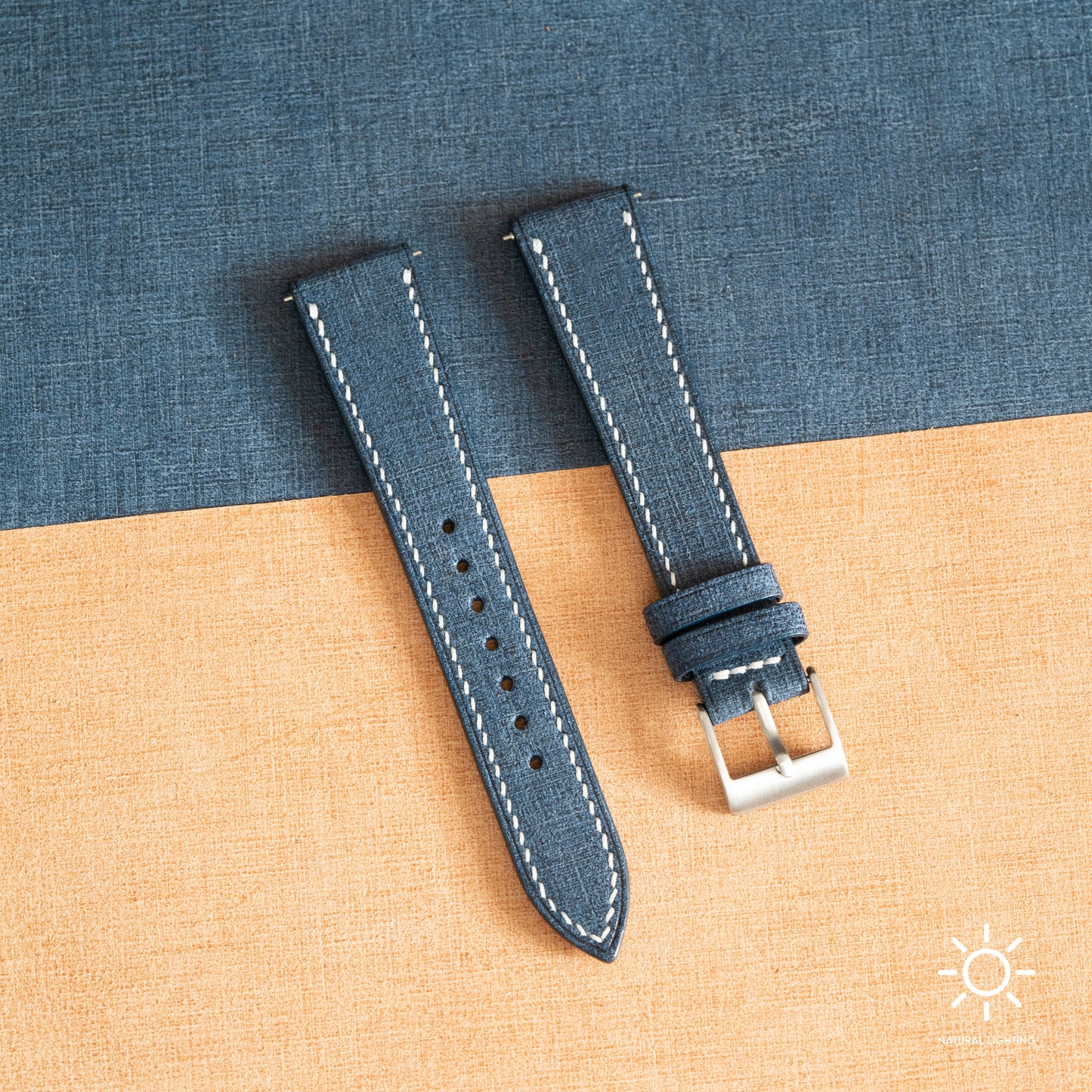 Blue Babele Leather Watch Strap - White Stitch